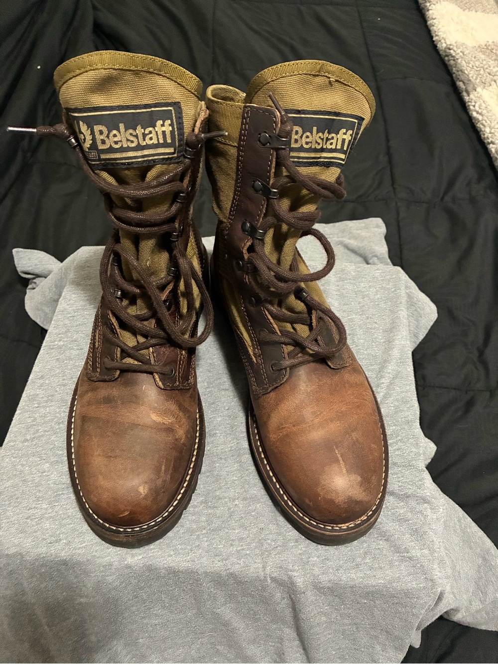 Belstaff Brown Leather and Olive Canvas Lace-Up Boots